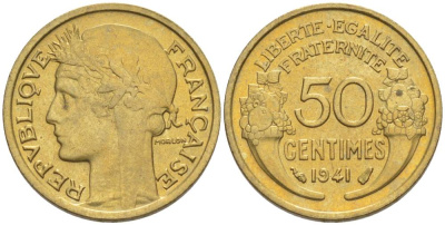 ФРАНЦИЯ 50 САНТИМОВ 1941 ТИП MORLON KM 894.1, LE FRANC 192.18 алюминиевая бронза 44-656