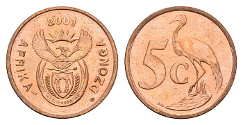 ЮАР 5 центов 2001 герб, райский журавль KM 223 сталь плакированная медью UNC 4687-234