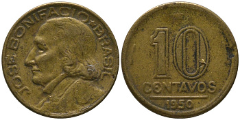 Бразилия 10 сентаво 1950 Жозе Бонифасиу де Андрада и Силва KM 561, Schon 66 алюминиевая бронза 4567-826
