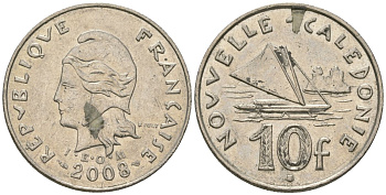 Французская Новая Каледония 10 франков 2008 рыбачья парусная лодка, (IEOM) KM 11a, Schoen 13a, Lec 99k медно-никель 60-633