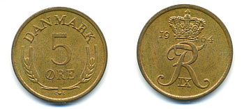 ДАНИЯ 5 ЭРЕ 1964 C; S, ФРЕДЕРИК IX (1947-1972) KM 848.1 бронза 80-334