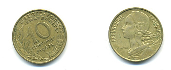 ФРАНЦИЯ 10 САНТИМОВ 1967 ТИП MARIANNE KM 929 медь алюминий никель 80-625