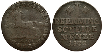 БРАУНШВЕЙГ-ВОЛЬФЕНБЮТТЕЛЬ 1 ПФЕННИГ 1802 MC, КАРЛ ВИЛЬГЕЛЬМ ФЕРДИНАНД (1780-1806) KM 995 медь 4513-126