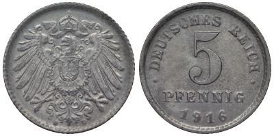 Германия 5 пфеннигов 1916 A KM 19, J. 297 железо aUNC 71-1051