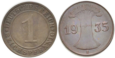 ГЕРМАНИЯ 1 РЕЙХСПФЕННИГ 1935 E KM 37, J. 313, Weege 2 бронза 206-848
