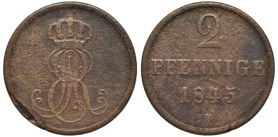 Ганновер 2 пфеннига 1845 B, Эрнст Август (1837-1851) KM 202.1, AKS 124, J. 75 медь 75-1822