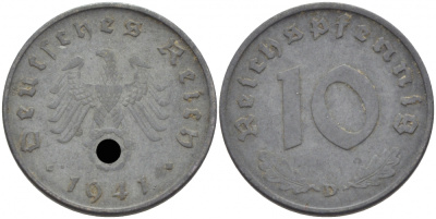ГЕРМАНИЯ 10 РЕЙХСПФЕННИГОВ 1941 D J.371 цинк 110-253