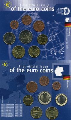 ФРГ евронабор из 8 монет 2002 1, 2, 5, 10, 20, 50 евроцентов, 1, 2 евро биметалл UNC 7-5-2-2