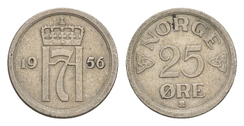 Норвегия 25 эре 1956 Хокон VII (1905-1957) KM 401 медно-никель 4632-1232