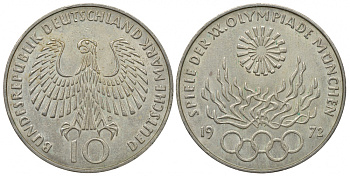 ФРГ 10 марок 1972 D, XX летние Олимпийские игры 1972 года в Мюнхене, олимпийский огонь KM 135, J.405 серебро UNC 413-4943