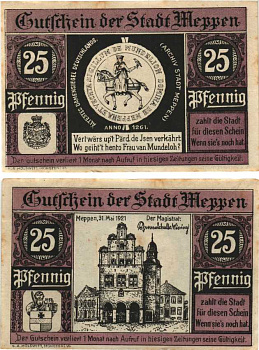 МЕППЕН 25 ПФЕННИГОВ 1921 НОТГЕЛЬД, 31 МАЯ 1921, ЗЕМЛЯ НИЖНЯЯ САКСОНИЯ Grabowski 883.1 бумага 8608-1-1-1