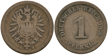 Германия 1 пфенниг 1876 D, Вильгельм I (1871-1888) KM 1, J. 1 медь 4173-827