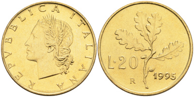 Италия 20 лир 1995 R, дубовый лист KM 97.2 алюминиевая бронза  UNC  4594-941