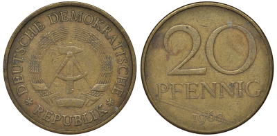 ГДР 20 пфеннигов 1969 А, первый год KM 11 латунь 62-1013