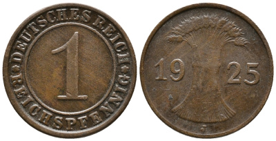 ГЕРМАНИЯ 1 РЕЙХСПФЕННИГ 1925 J KM 37, J. 313 бронза 39-924