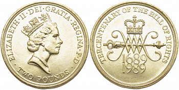 Великобритания 2 фунта 1989 Елизавета II (1952-2022), 300 лет "Биллю о правах" Англии KM 960, Spink 4313 никель латунь UNC 114-1134
