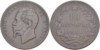 ИТАЛИЯ 10 ЧЕНТЕЗИМО 1866 OM, МОНДВОР СТРАСБУРГ, ВИКТОР ЭММАНУИЛ II (1861-1878) KM 11.5 медь 4526-735
