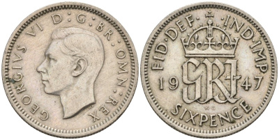 Великобритания 6 пенсов 1947 Георг VI (1936-1952) KM 875, Spink 4105 медно-никель 4596-1028