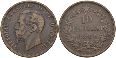 ИТАЛИЯ 10 ЧЕНТЕЗИМО 1866 М, ВИКТОР ЭММАНУИЛ II (1861-1878) KM 11.1 медь 97-1014