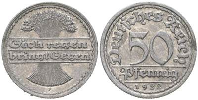 Германия 50 пфеннигов 1922 F KM 27, J. 301 алюминий 113-1046