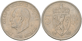 Норвегия 5 крон 1963 Улаф V (1958-1991) KM 412 медно-никель 4634-215