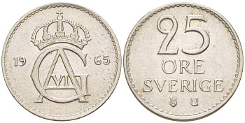 Швеция 25 эре 1965 U, Густав VI Адольф (1950-1973) KM 836 медно-никель 4516-462