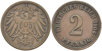 ГЕРМАНИЯ 2 ПФЕННИГА 1906 A KM 16, J. 11, Weege 4 медь 211-513