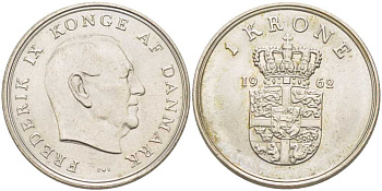 ДАНИЯ 1 КРОНА 1962 C;S, ФРЕДЕРИК IX (1947-1972) KM 851.1 медно-никель 202-757