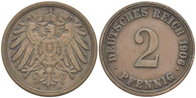 ГЕРМАНИЯ 2 ПФЕННИГА 1906 A KM 16, J. 11, Weege 4 медь 211-513
