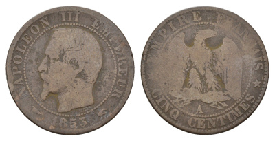 Франция 5 сантимов 1853-1857 A, Наполеон III (1852-1870) KM 777 бронза 36-316