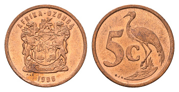 ЮАР 5 центов 1996 герб, райский журавль KM 160 сталь плакированная медью UNC 4687-213
