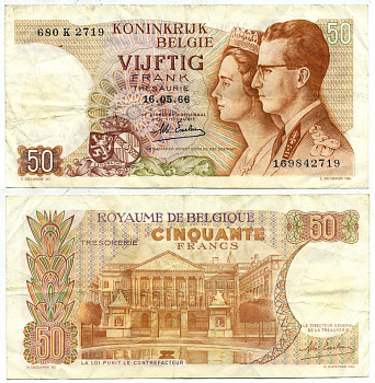 Бельгия 50 франков 1966 подпись 19, король Бодуэн I и королева Фабиола Pick 139  бумага   7203-1-3-1