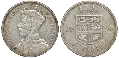 Фиджи 1 флорин 1934 Георг V (1910-1936), герб Фиджи KM 5 серебро 91-1221