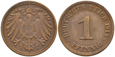 Германия 1 пфенниг 1911 D KM 10, J. 10 медь 4576-215