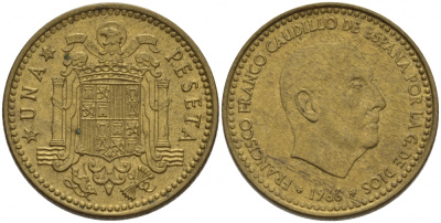 ИСПАНИЯ 1 ПЕСЕТА 1966 (69) ФРАНСИСКО ФРАНКО ДИКТАТОР ИСПАНИИ (1939-1975) КМ 796 алюминиевая бронза 3457-716