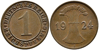 ГЕРМАНИЯ 1 РЕЙХСПФЕННИГ 1924 J KM 37, J.313 бронза 4387-1131