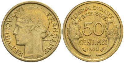 ФРАНЦИЯ 50 САНТИМОВ 1939 ТИП MORLON KM 894.1, LE FRANC 192.15 алюминиевая бронза 44-813