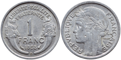 ФРАНЦИЯ 1 ФРАНК 1958 В KM 885а.2 алюминий 4397-715