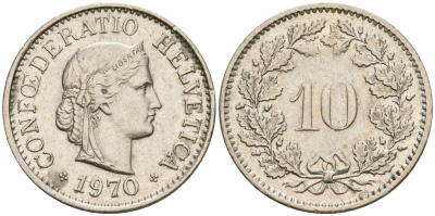Швейцария 10 раппенов 1970 KM 27 медно-никель 4364-1335