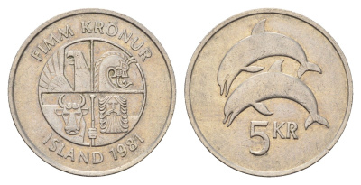 Исландия 5 крон 1981 дельфины KM 28 медно-никель 4591-913