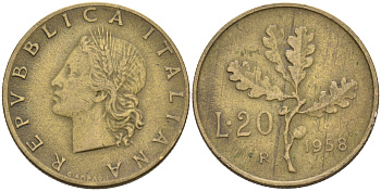 ИТАЛИЯ 20 ЛИР 1958 R ДУБОВАЯ ВЕТВЬ KM 97.1 алюминиевая бронза 4589-643