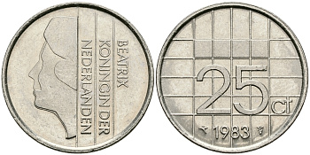 НИДЕРЛАНДЫ 25 ЦЕНТОВ 1983 БЕАТРИКС KM 204 никель 96-267