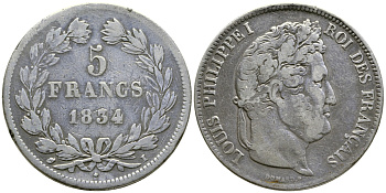 Франция 5 франков 1834 I, Луи Филипп I (1830-1848) KM 749.6 серебро 4386-214