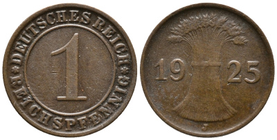 ГЕРМАНИЯ 1 РЕЙХСПФЕННИГ 1925 J KM 37, J. 313 бронза 39-919