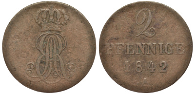 Ганновер 2 пфеннига 1842 A, Эрнст Август (1837-1851) KM 174.1, AKS 122, J. 55 медь 75-1723