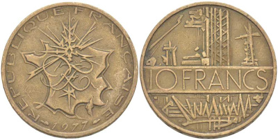 Франция 10 франков 1977 тип Матье KM 940, Le Franc 365.9-10 никель латунь 111-946