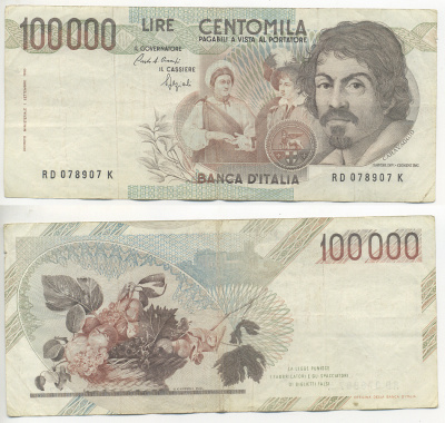Италия 100000 лир 1983 Караваджо, фруктовый букет, подпись Speziali Pick 110b бумага 7220-9-2