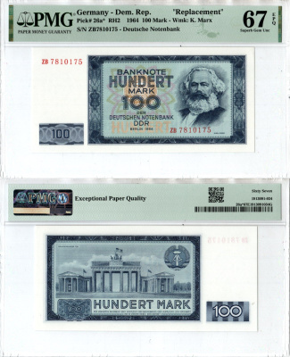 ГДР 100 марок 1964 в слабе компании PMG - 67, замещение Pick 26 a* бумага UNC (пресс) 452-1-170