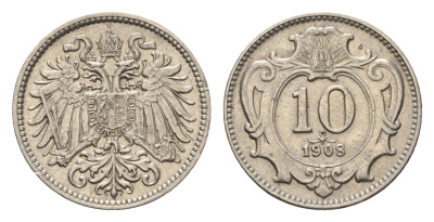 Австрия 10 геллеров 1908 Франц Иосиф I (1848-1916) KM 2802 никель 4684-213