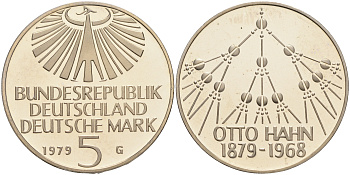ФРГ 5 марок 1979 G, 100 лет со дня рождения Отто Хана KM 151, J.426 медно-никель плакированный никелем PROOF 02-265-11